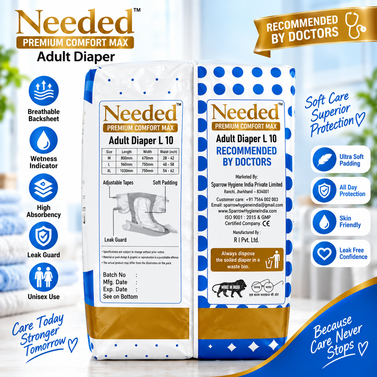 Needed Premium Comfort Max Adult Diapers- L I 10 Pieces