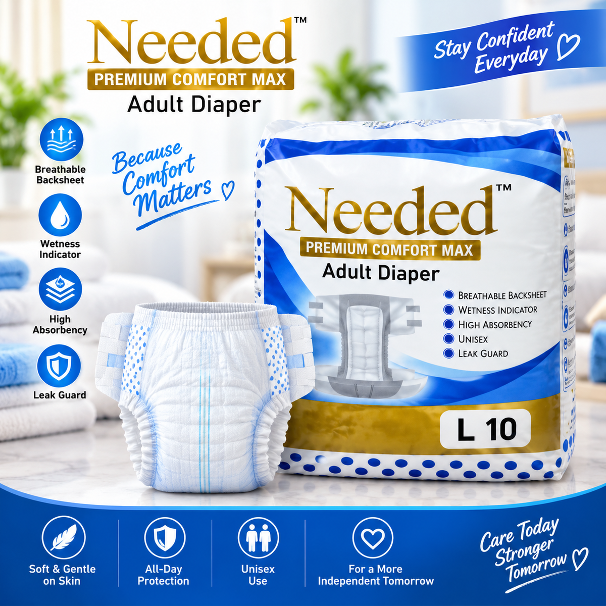 Needed Premium Comfort Max Adult Diapers- L I 10 Pieces