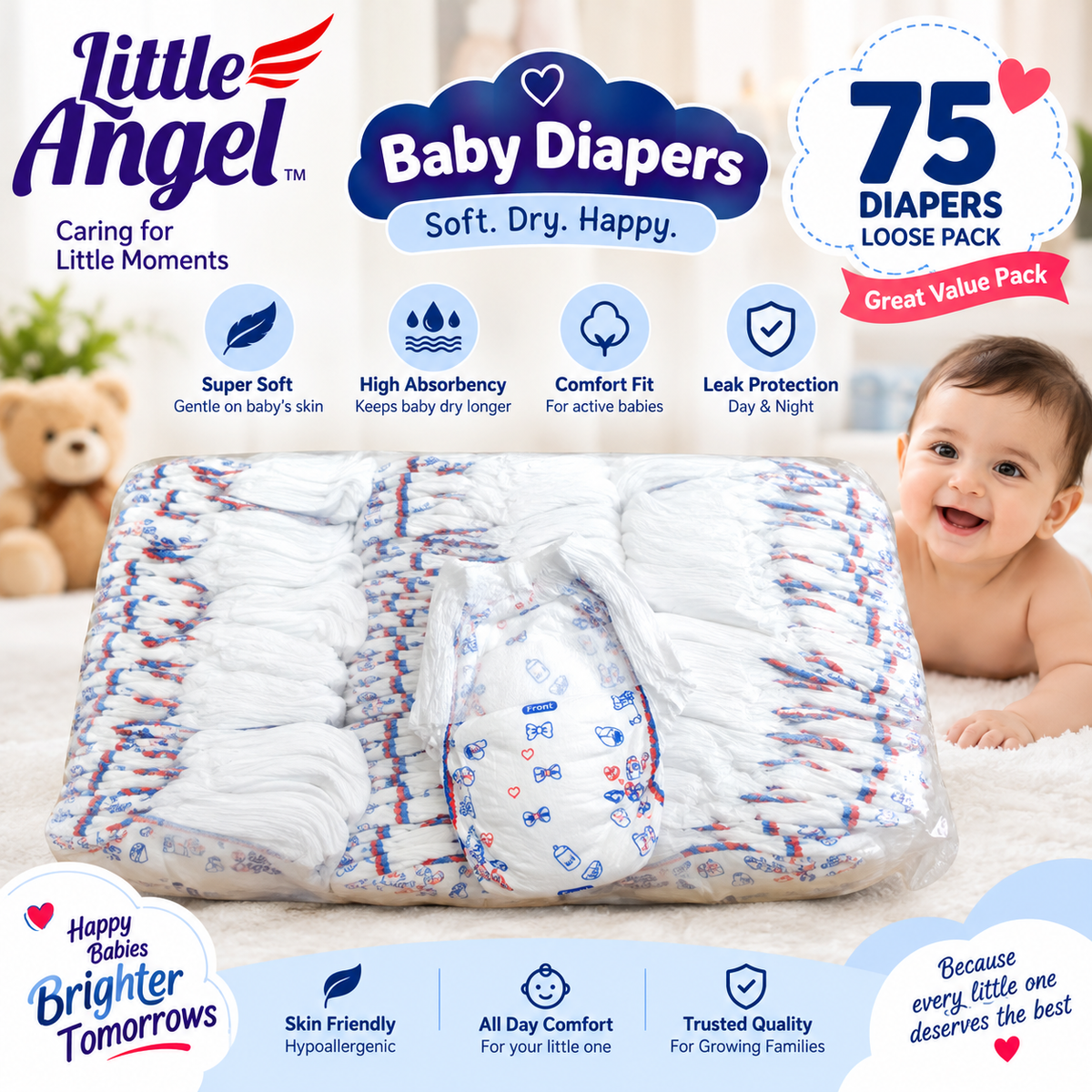 Little Angle Baby Diapers -75 pieces(Loose Pack)