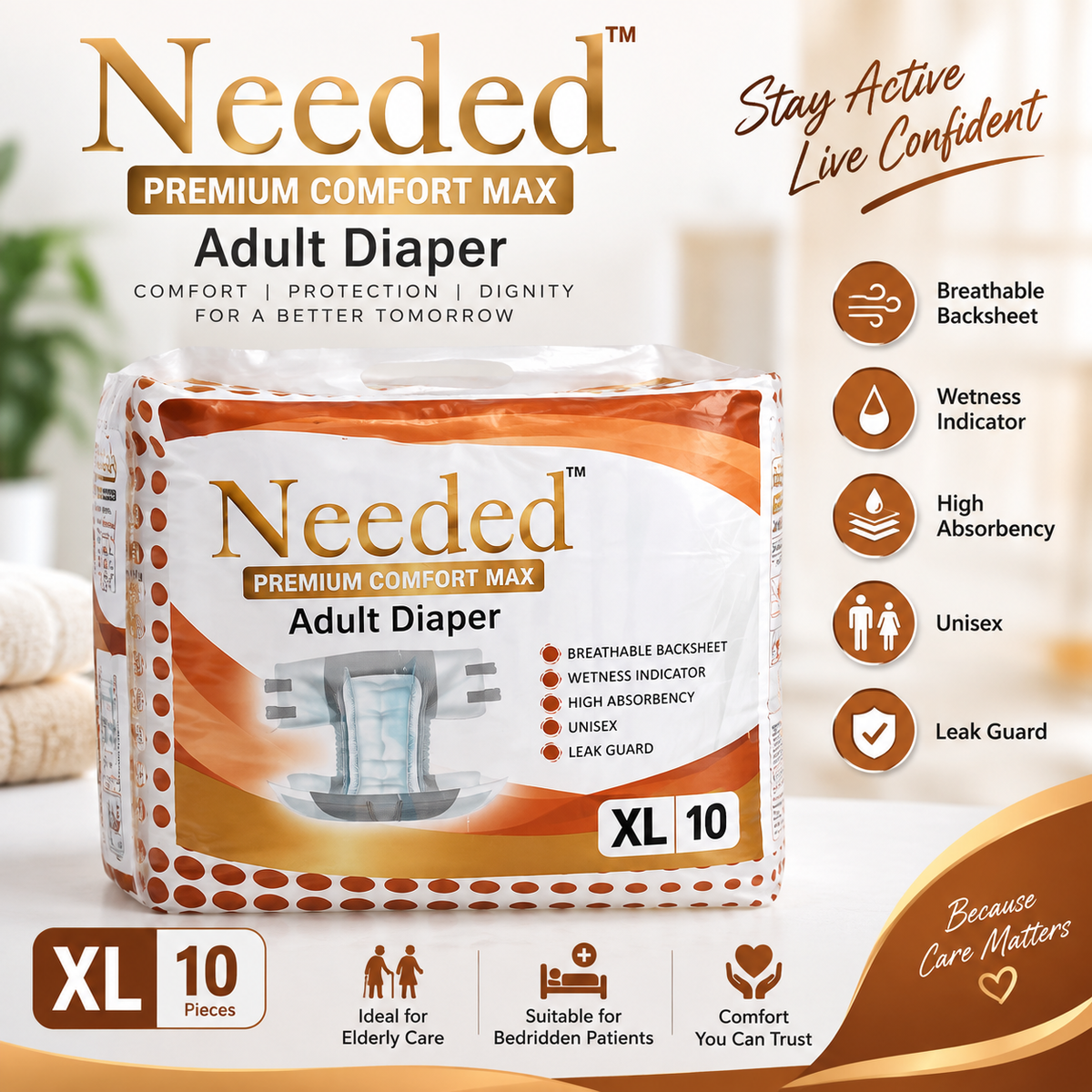 Needed Premium Comfort Max Adult Diaper -10 pieces