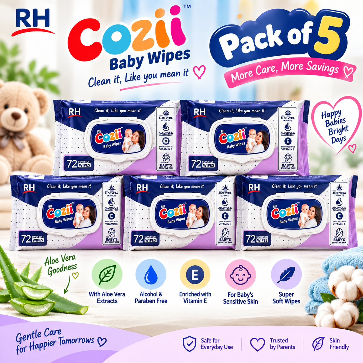 RH Cozii Baby Wipes- pack of 5 I 360 wipes